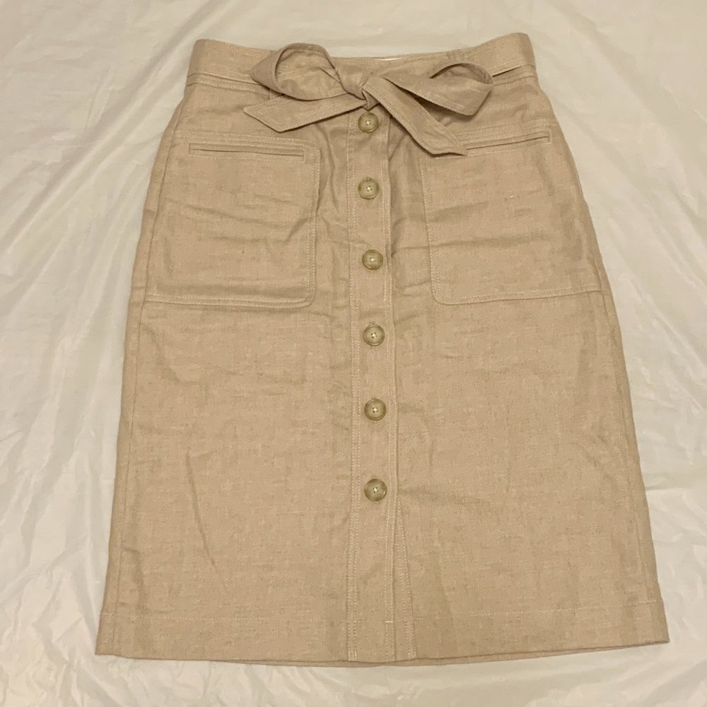 J. Crew Button-Front Skirt in Stretch Linen Tie Waist Beige Khaki
